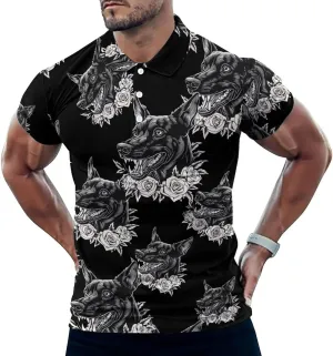 Doberman Dog And Roses Mens Polo Shirts Quick Dry Short Sleeve T-shirts Slim Tennis Collared Tees Tops