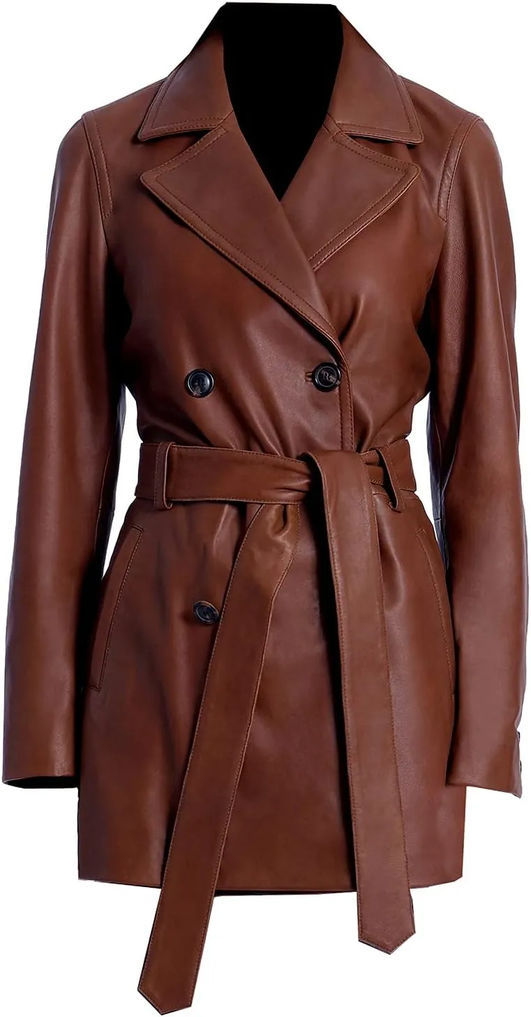 Double Breasted Leather Coat For Women Genuine Leather Trench Coat Long Waist Belt Black and Brown