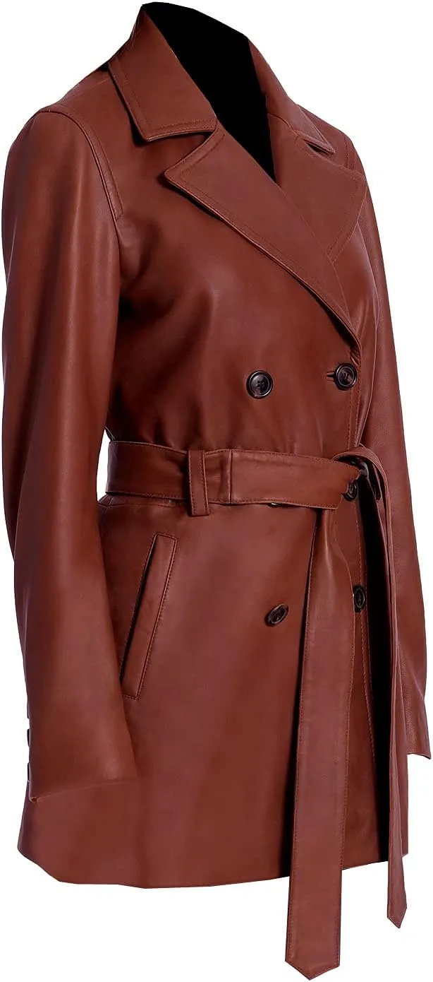 Double Breasted Leather Coat For Women Genuine Leather Trench Coat Long Waist Belt Black and Brown