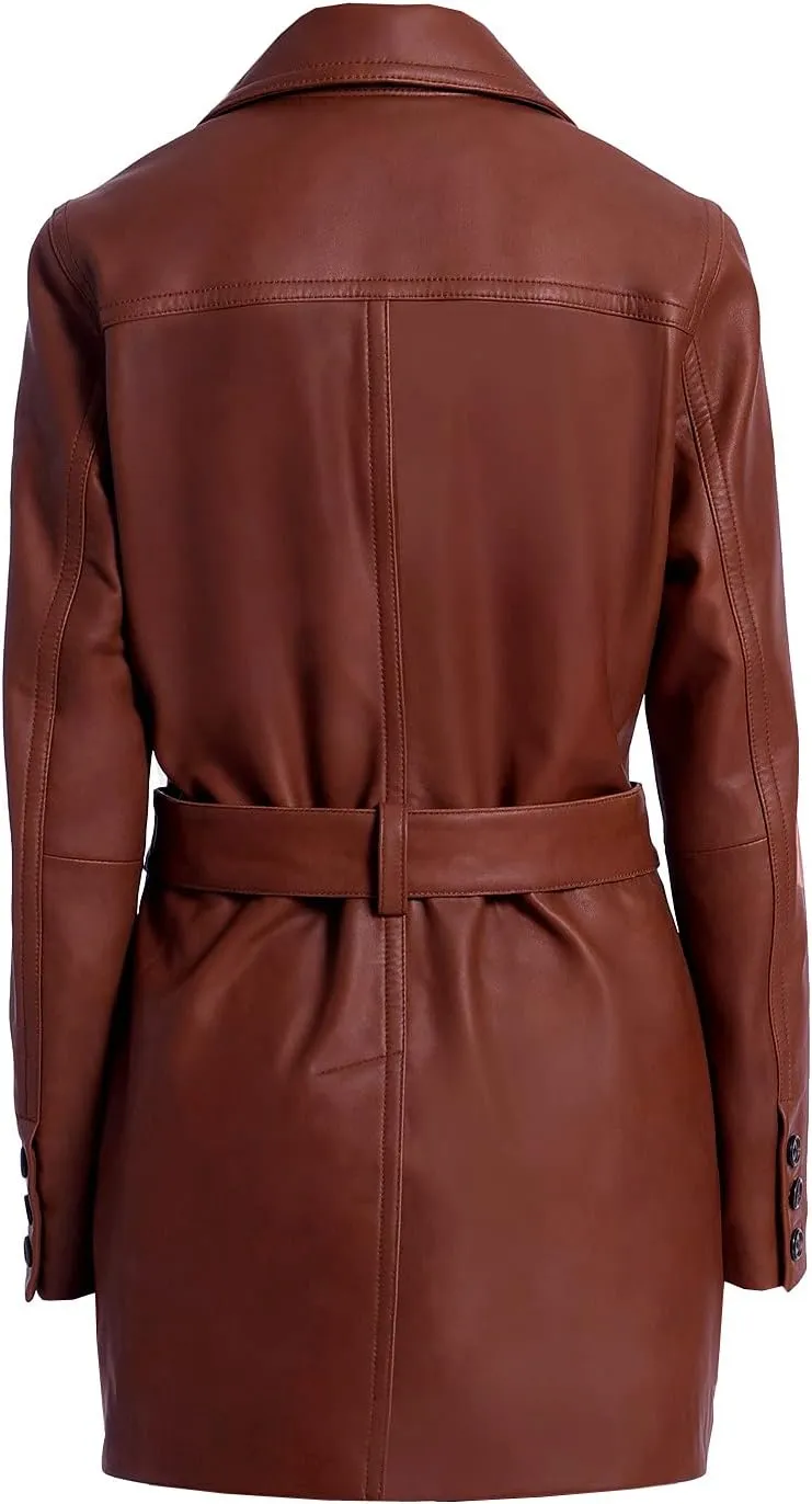 Double Breasted Leather Coat For Women Genuine Leather Trench Coat Long Waist Belt Black and Brown