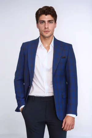 Double Breasted Pointed Collar Plaid Bast Blue Jacket-Wessi