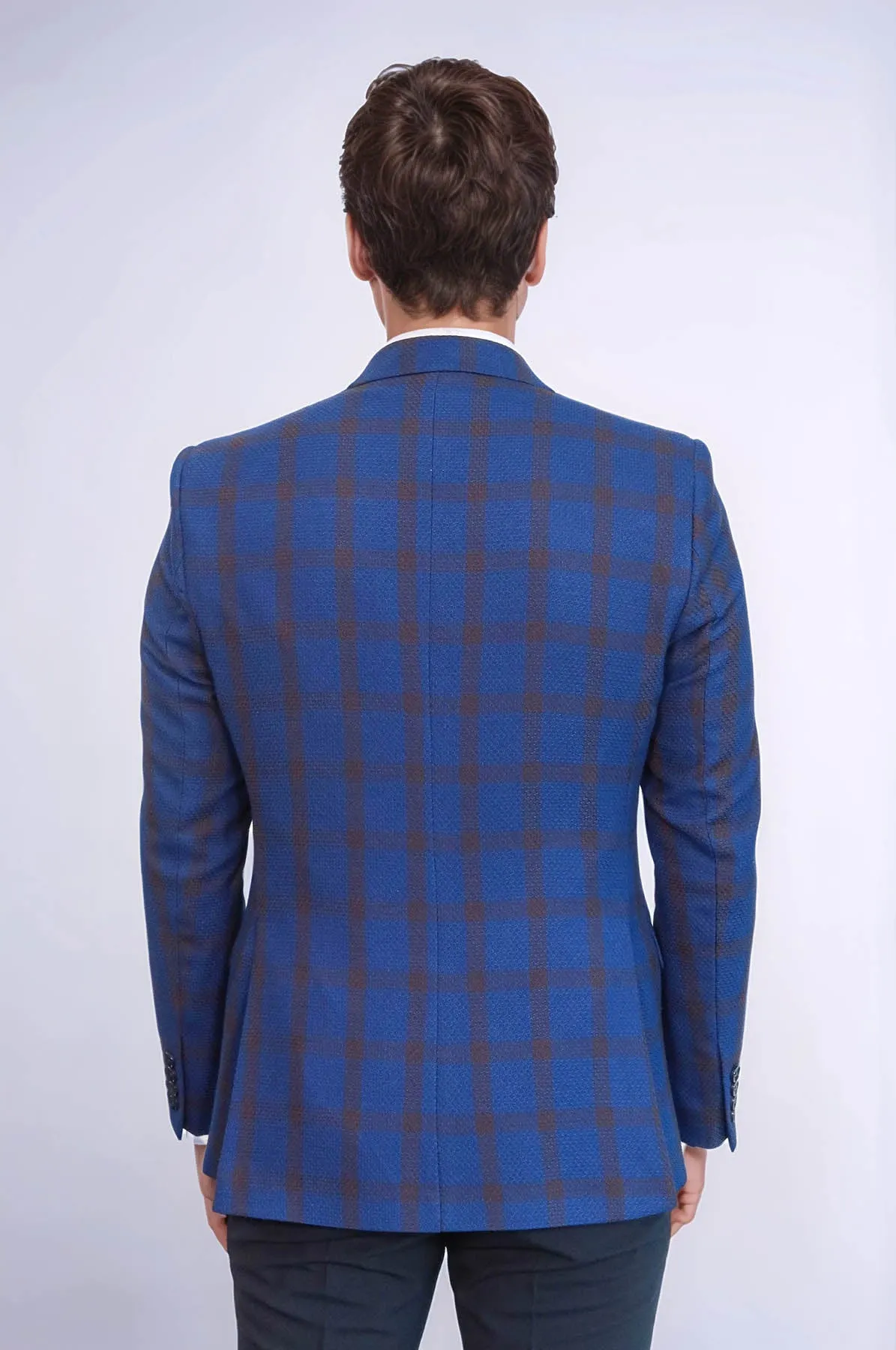 Double Breasted Pointed Collar Plaid Bast Blue Jacket-Wessi
