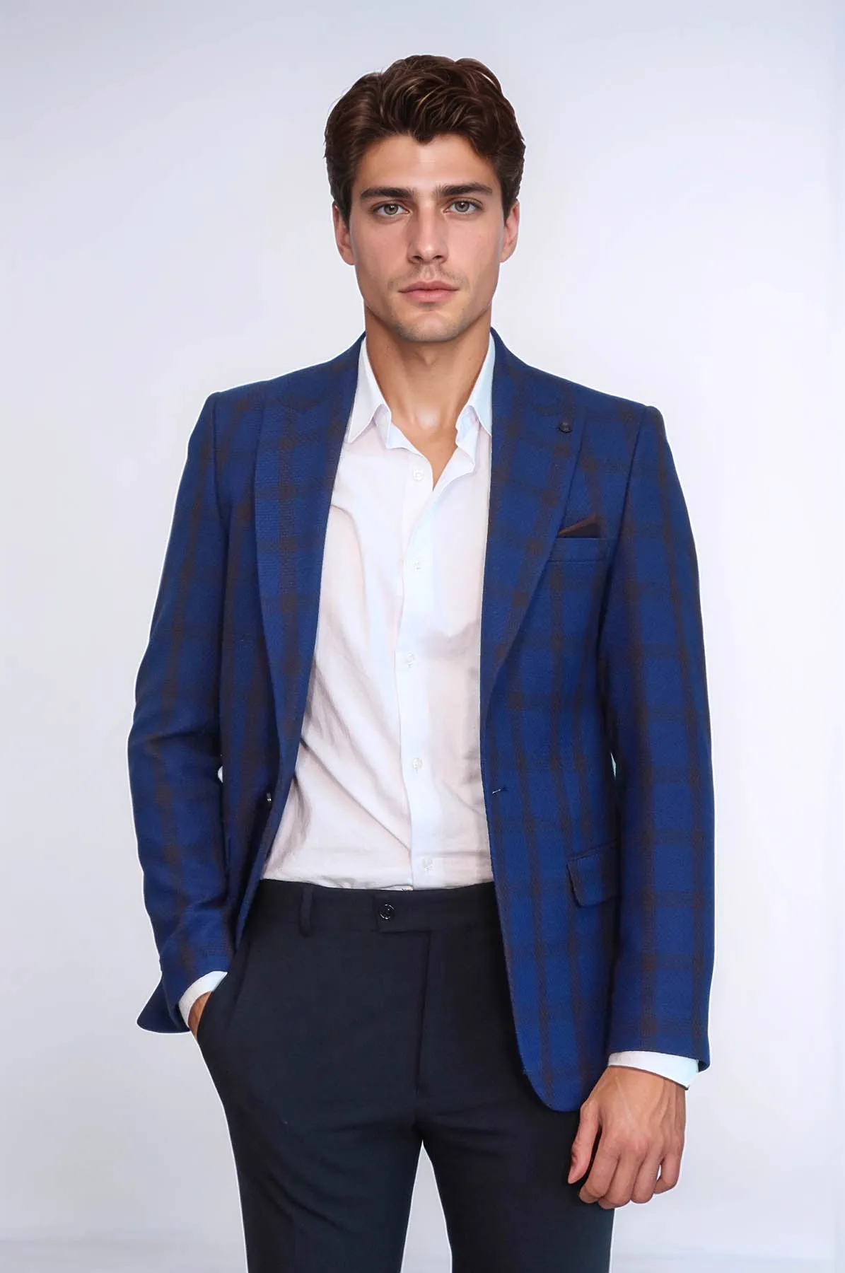 Double Breasted Pointed Collar Plaid Bast Blue Jacket-Wessi