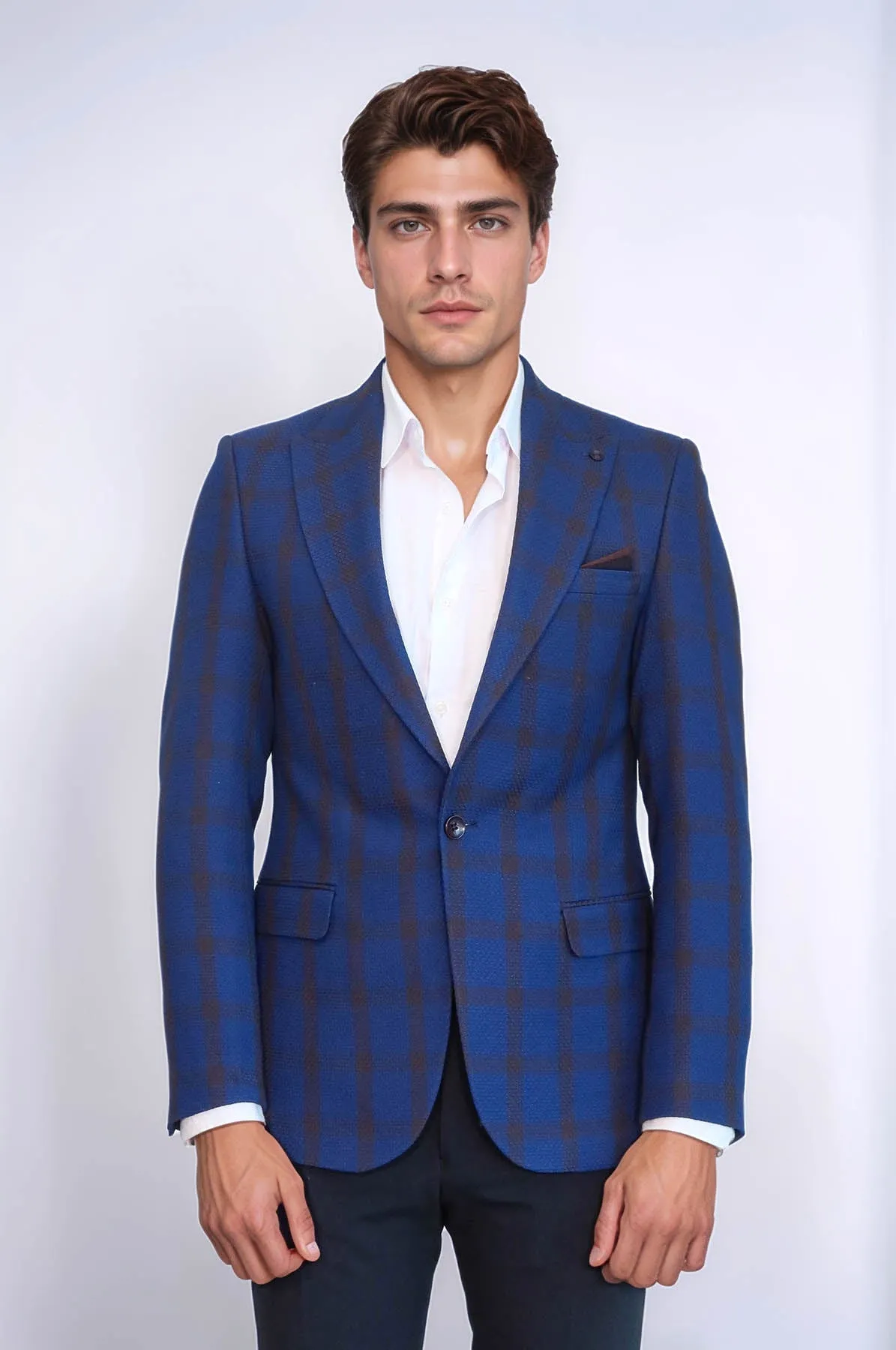 Double Breasted Pointed Collar Plaid Bast Blue Jacket-Wessi