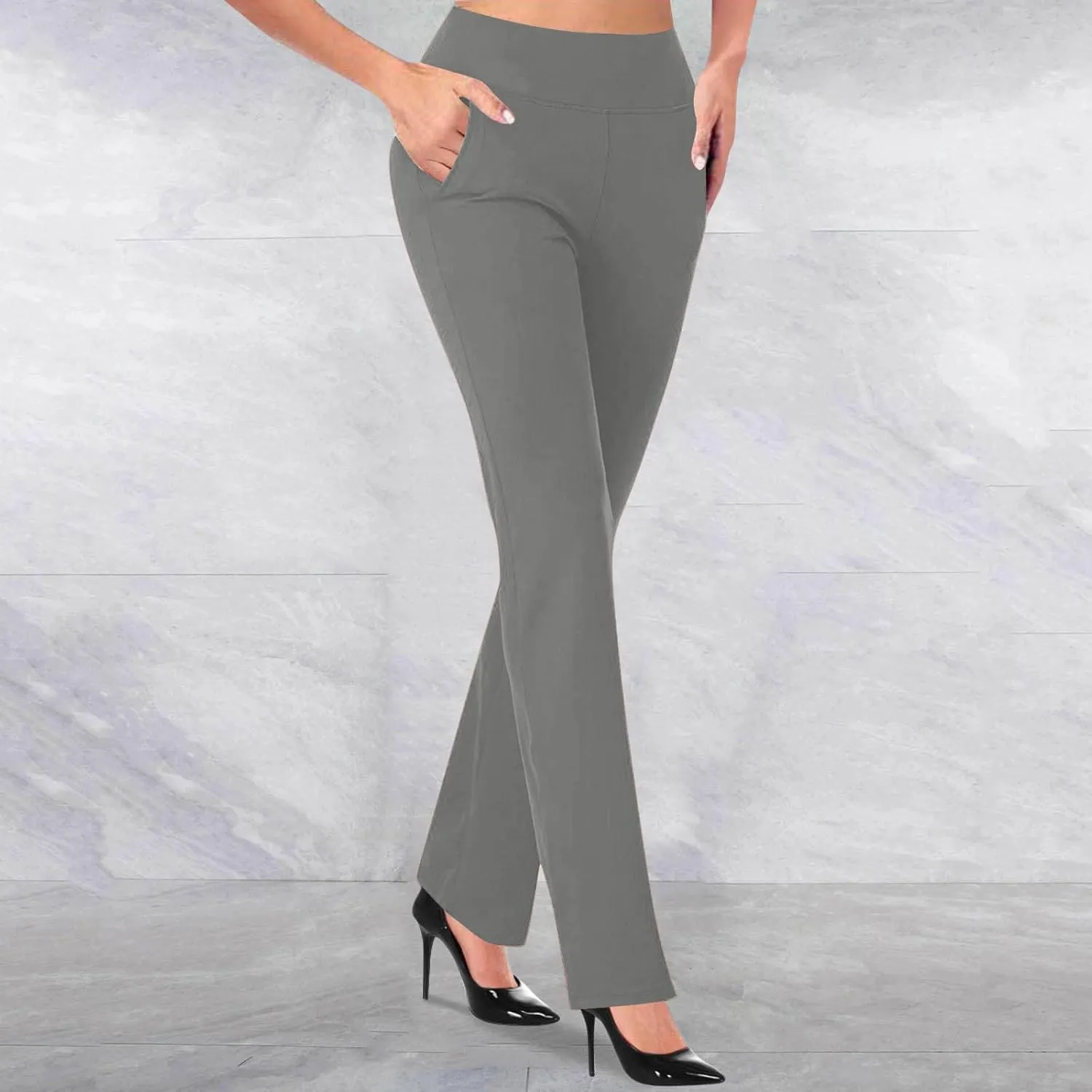 Dress Pants for Women Casual High Waisted Business Stretch Work Trouser Solid Elasticated Waist Bootcut Suit Pant with Pocket