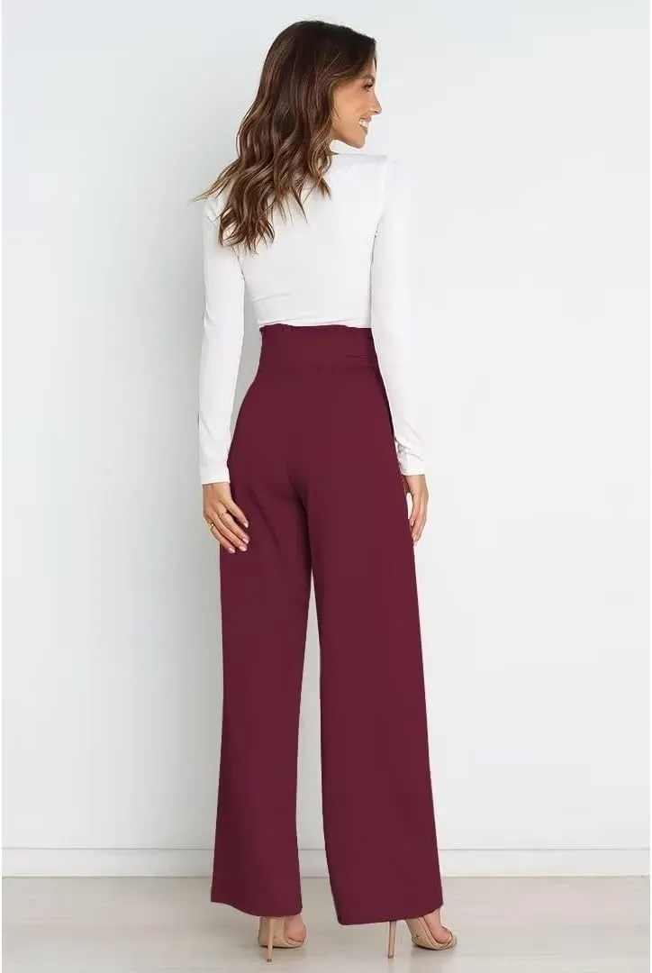 Dress Pants Women,Wide Leg Pants for Women,Smocked Waist Pants with Belt,Loose Straight Leg Flatting Pants
