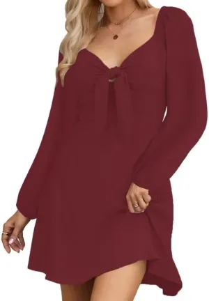 Dresses for Women Casual Wedding Guest Fall Sexy V-Neck Drawstring Long Sleeve Elegant Short Dresses Mini Dress