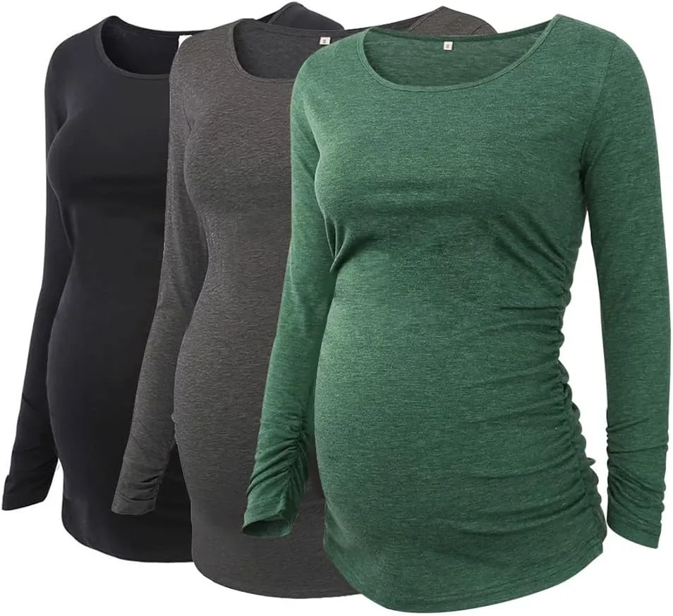 Ecavus 3Pack Women's Maternity Tunic Tops Long Sleeve Flattering Side Ruched Pregnancy Shirt