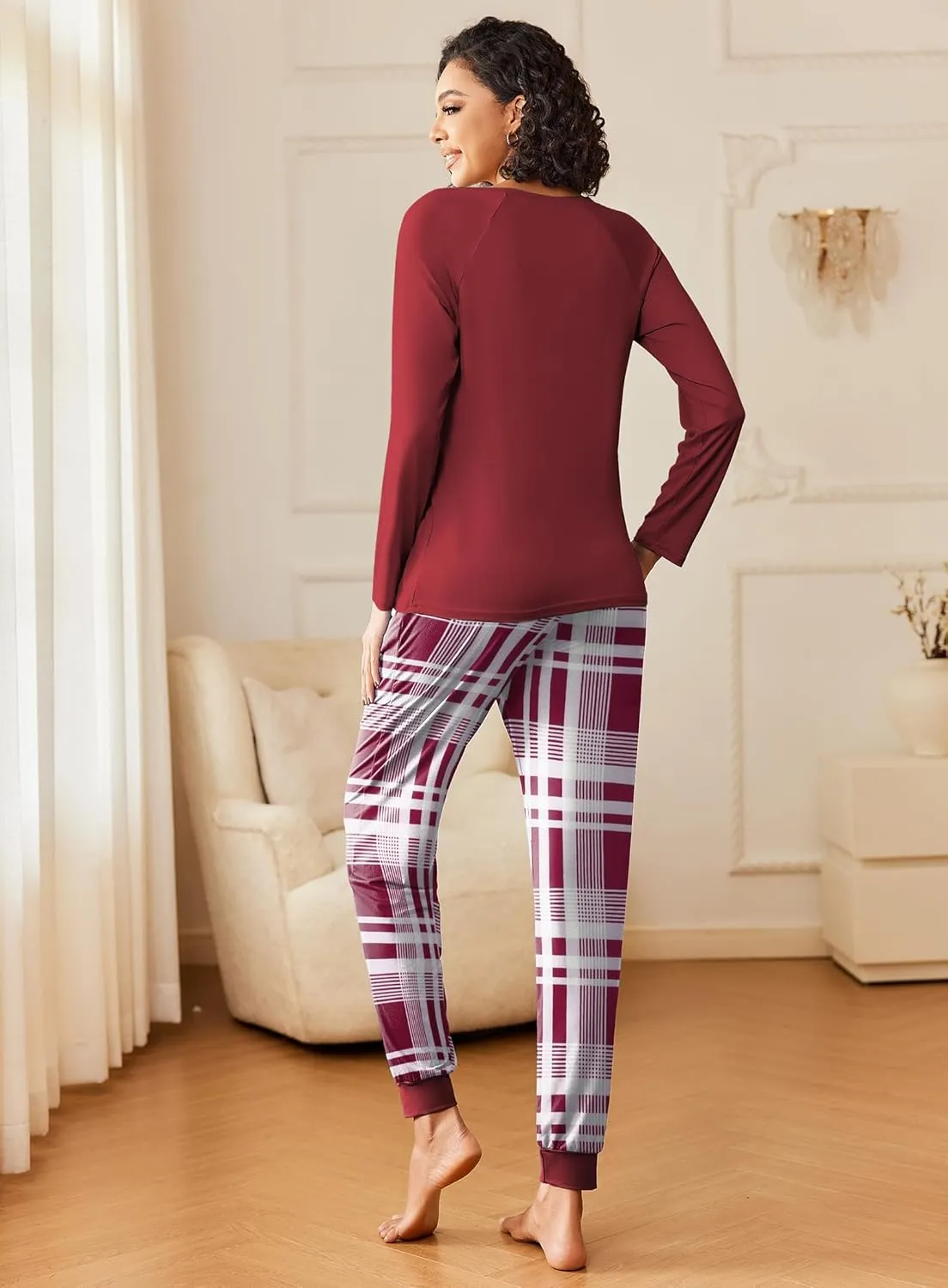 Ekouaer 2 Pack Womens Pajamas Set Long Sleeve Sleepwear Top and Jogger Pants Lounge Sets Cozy Pjs Loungewear S-XXL
