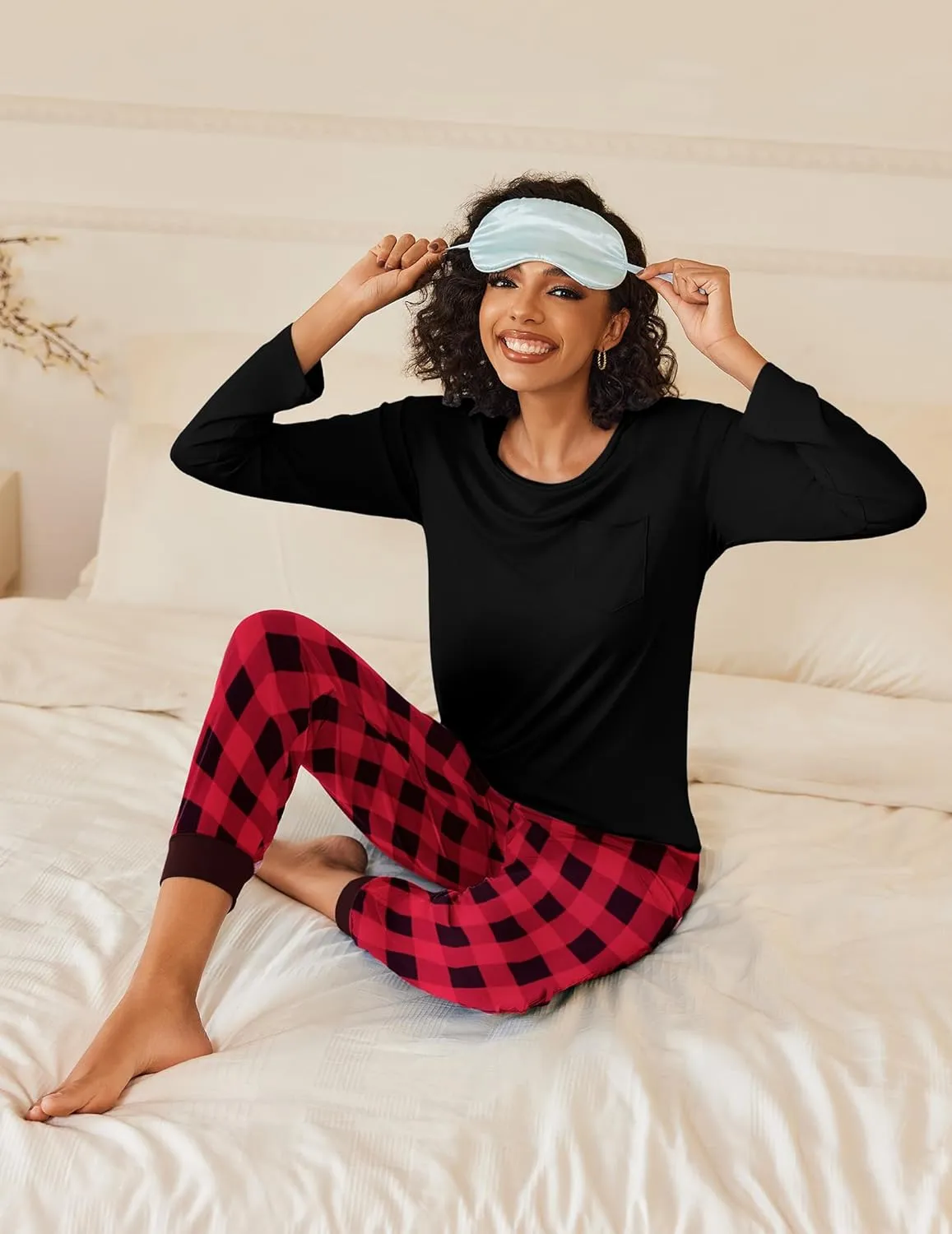 Ekouaer 2 Pack Womens Pajamas Set Long Sleeve Sleepwear Top and Jogger Pants Lounge Sets Cozy Pjs Loungewear S-XXL