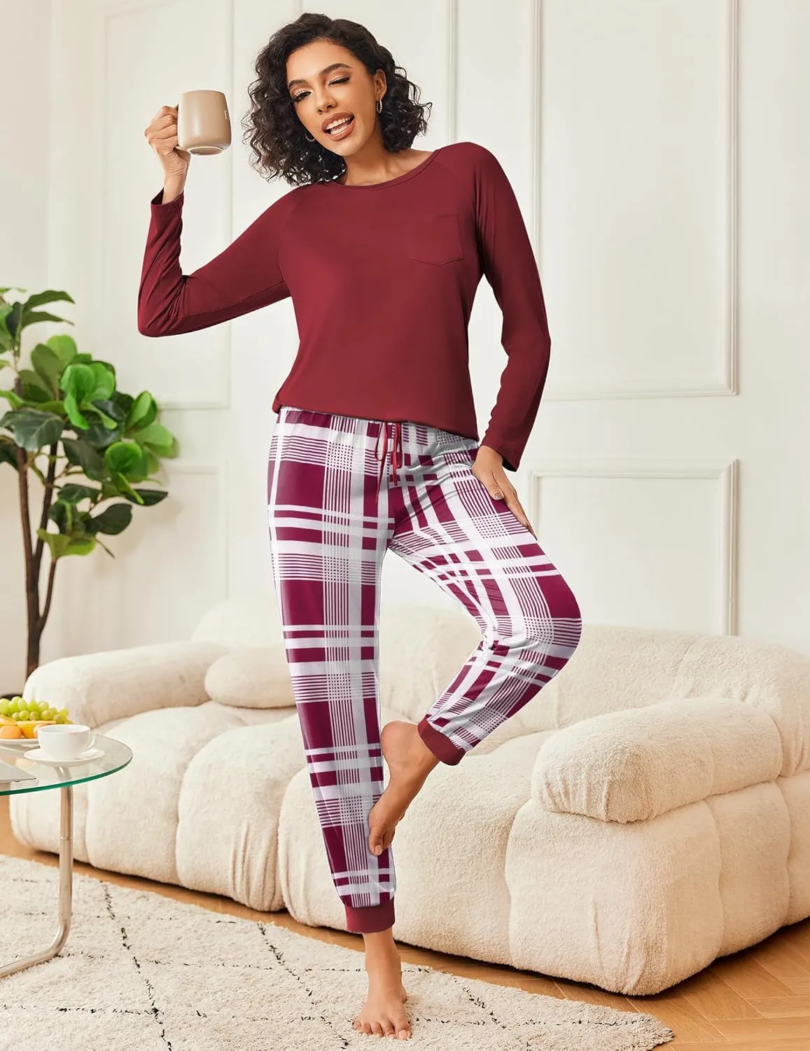 Ekouaer 2 Pack Womens Pajamas Set Long Sleeve Sleepwear Top and Jogger Pants Lounge Sets Cozy Pjs Loungewear S-XXL