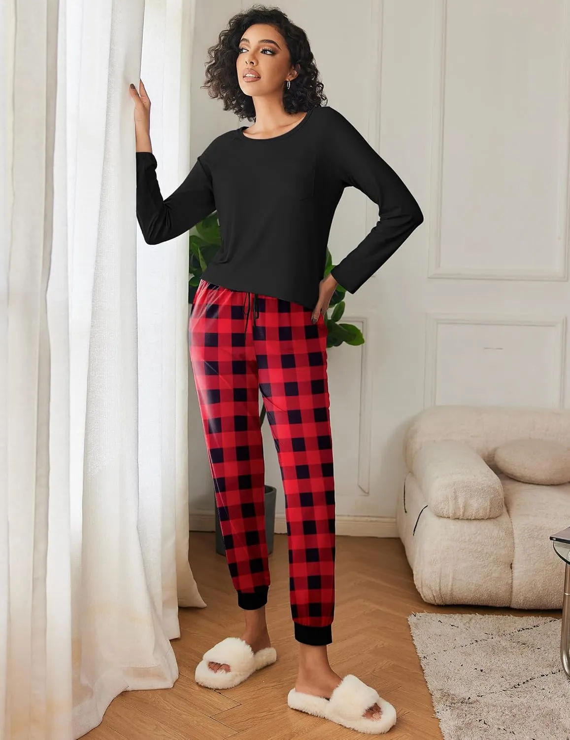 Ekouaer 2 Pack Womens Pajamas Set Long Sleeve Sleepwear Top and Jogger Pants Lounge Sets Cozy Pjs Loungewear S-XXL