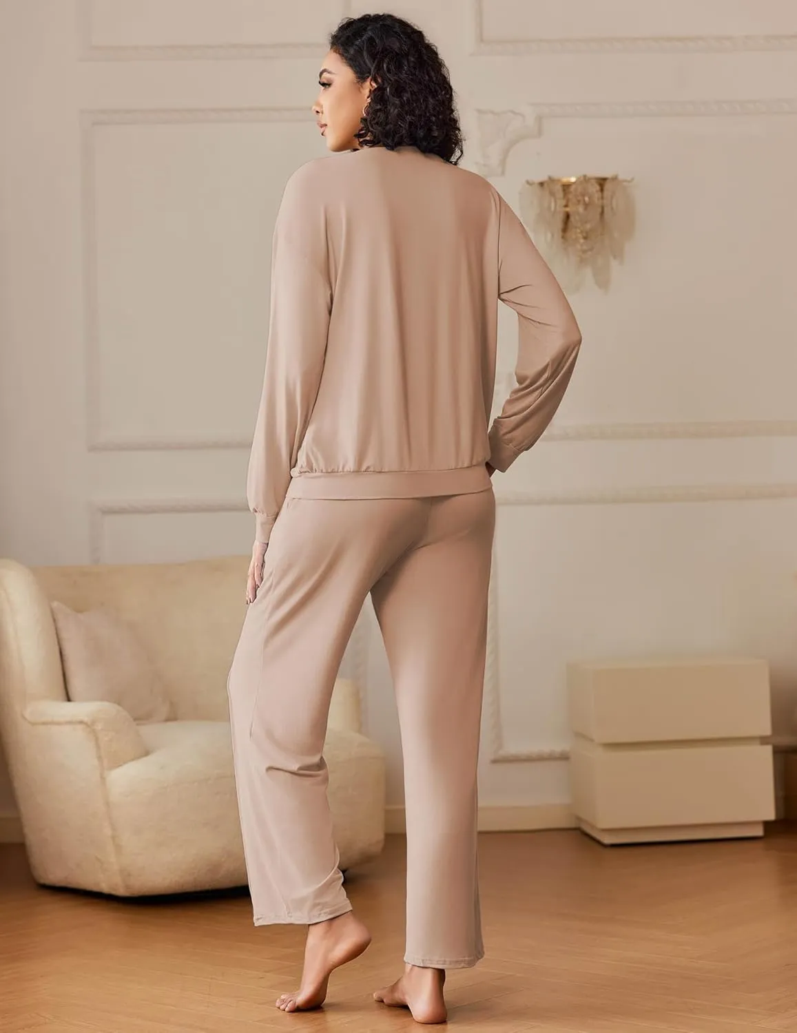 Ekouaer Pajama Sets for Women 2 Piece Lounge Sets Long Sleeve Sleepwear Top and Pants Cozy Pjs Loungewear with Pockets S-XXL
