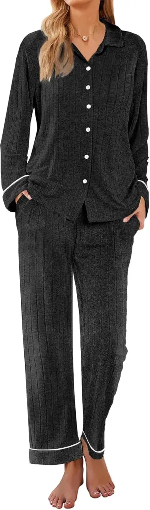 Ekouaer Womens Pajama Sets Soft 2 Piece Pj Set Long Sleeve Loungewear Button Down Sleepwear with Pockets Black XL