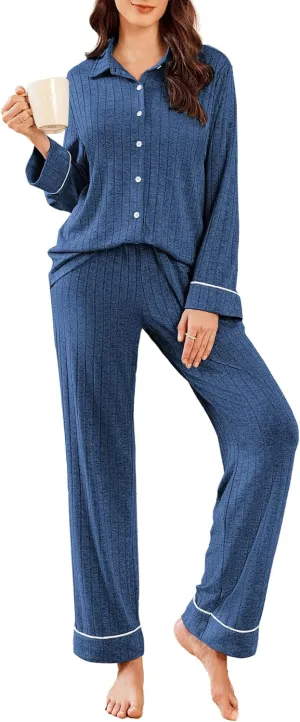 Ekouaer Womens Pajama Sets Soft 2 Piece Pj Set Long Sleeve Loungewear Button Down Sleepwear with Pockets Blue XL