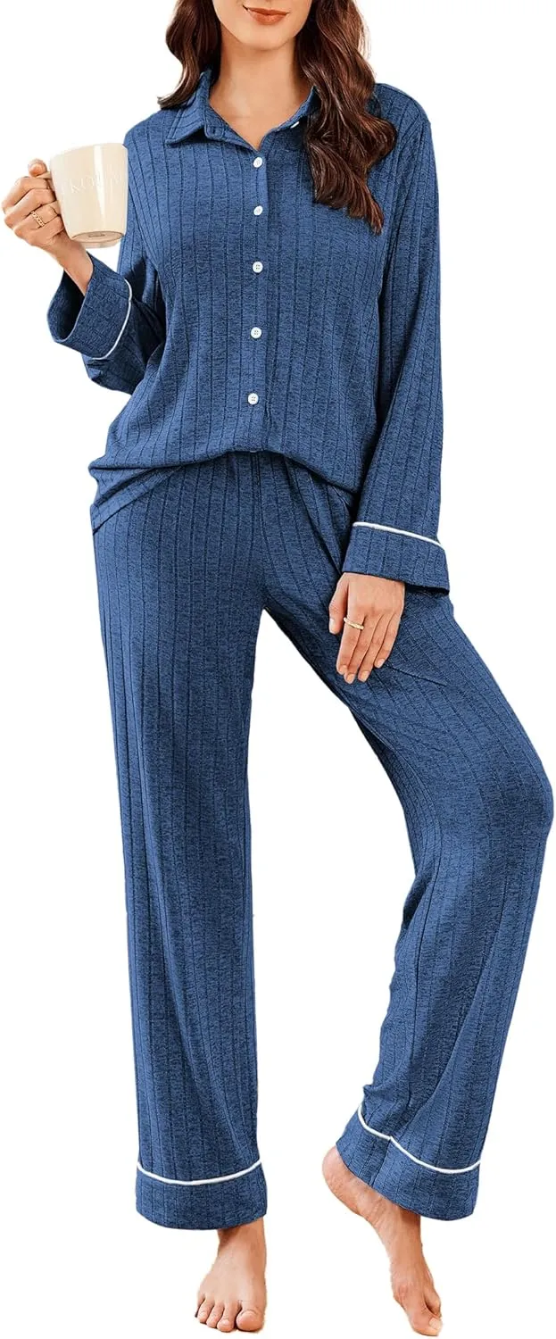 Ekouaer Womens Pajama Sets Soft 2 Piece Pj Set Long Sleeve Loungewear Button Down Sleepwear with Pockets Blue XL