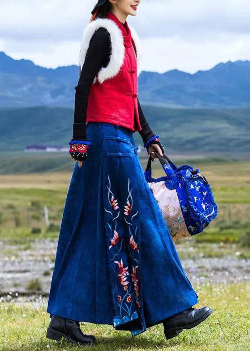 Elegant navy cotton quilting clothes Chinese Button loose embroidery skirts