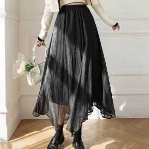 Elegant Vintage Flowy Mesh Temperamental Solid Color Irregular Hem Wedding Flared Midi Summer Skirt