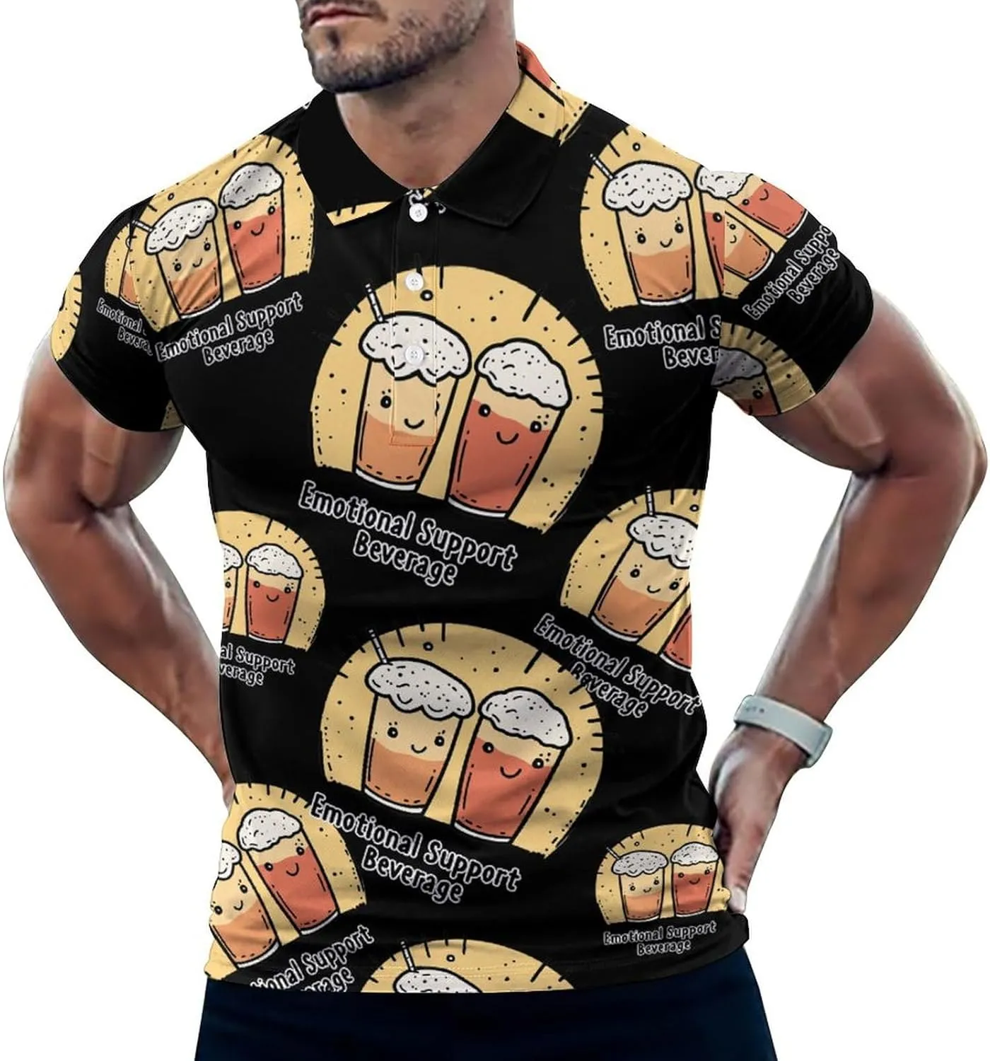 Emotional Support Beverage Mens Polo Shirts Quick Dry Short Sleeve T-shirts Slim Tennis Collared Tees Tops