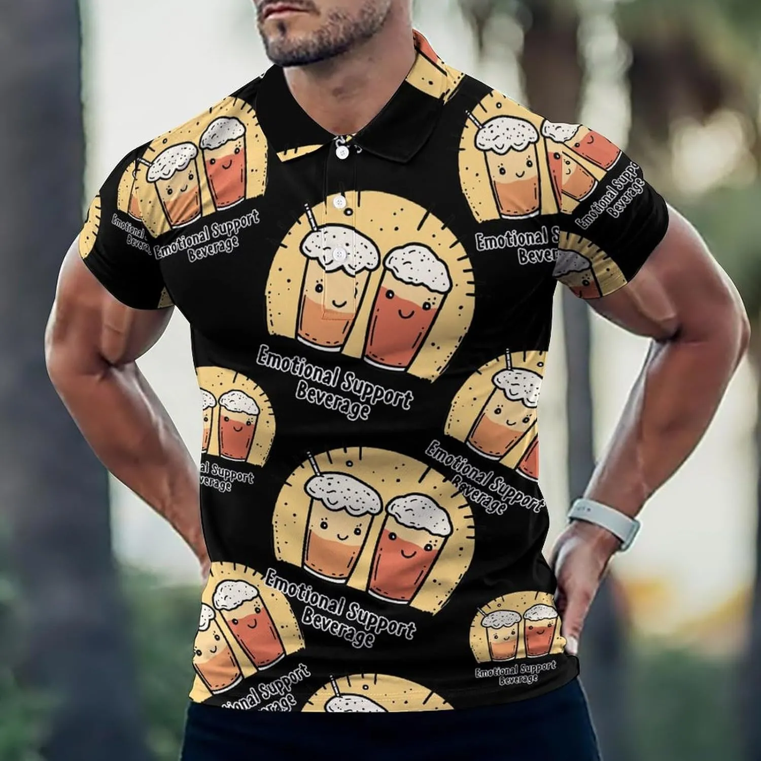 Emotional Support Beverage Mens Polo Shirts Quick Dry Short Sleeve T-shirts Slim Tennis Collared Tees Tops