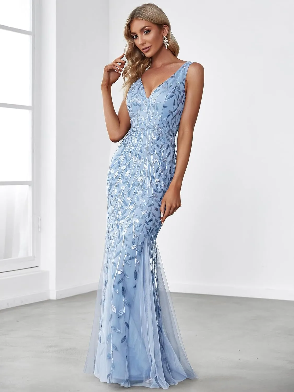 Ever-Pretty Women's Formal Dress Sequin Tulle Double V-Neck Sleeveless Mermaid Long Evening Dress 07886