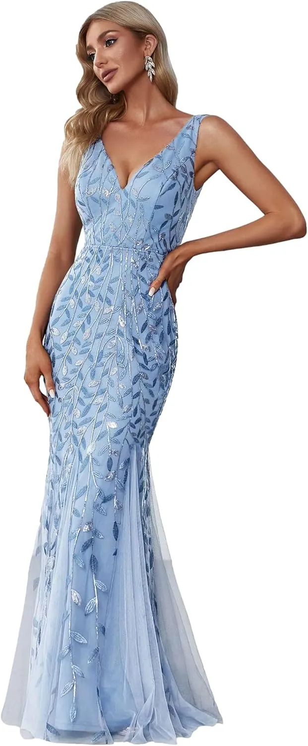 Ever-Pretty Women's Formal Dress Sequin Tulle Double V-Neck Sleeveless Mermaid Long Evening Dress 07886