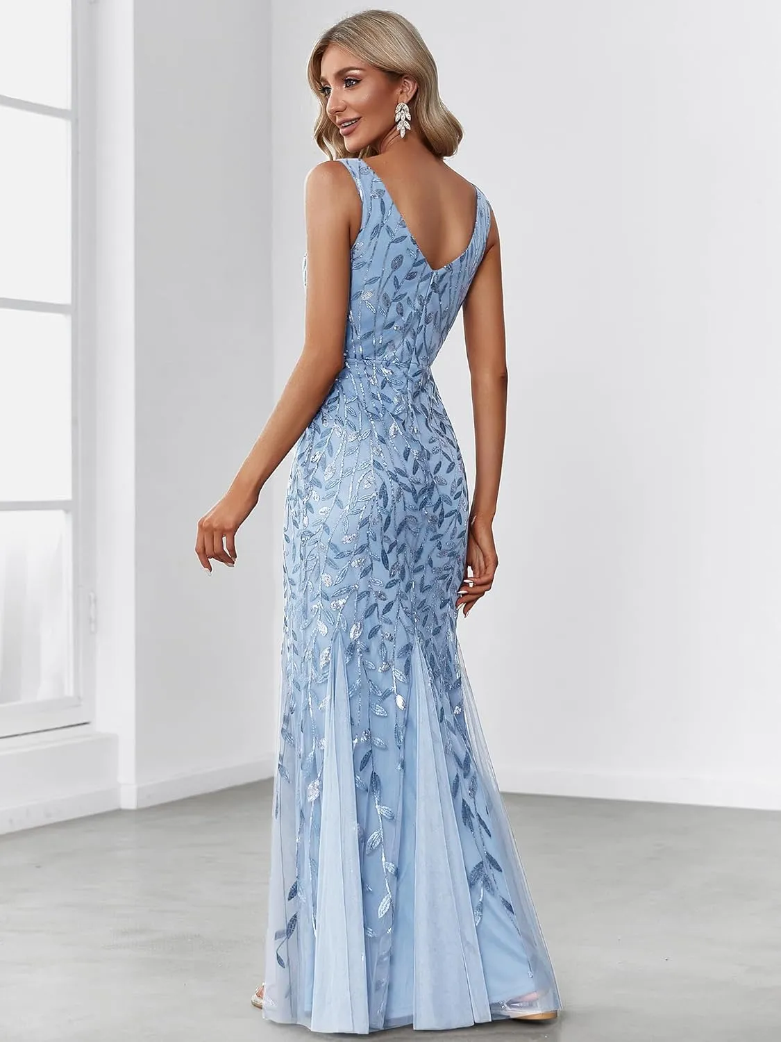 Ever-Pretty Women's Formal Dress Sequin Tulle Double V-Neck Sleeveless Mermaid Long Evening Dress 07886