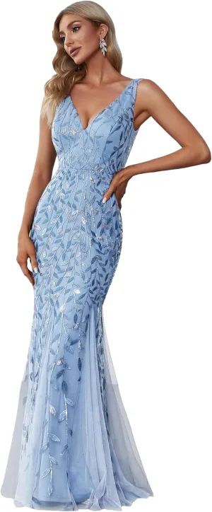 Ever-Pretty Women's Formal Dress Sequin Tulle Double V-Neck Sleeveless Mermaid Long Evening Dress 07886