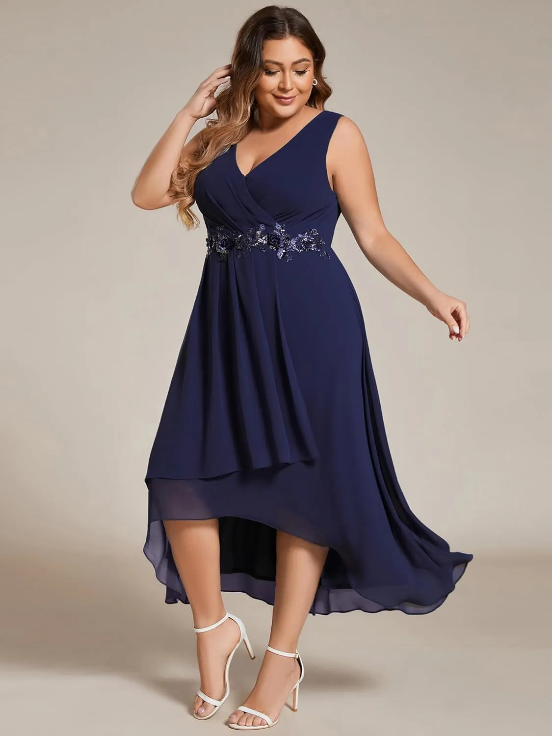 Ever-Pretty Women's Summer Chiffon Sleeveless V Neck Applique Plus Size High Low Formal Wedding Guest Dresses 41926-DA