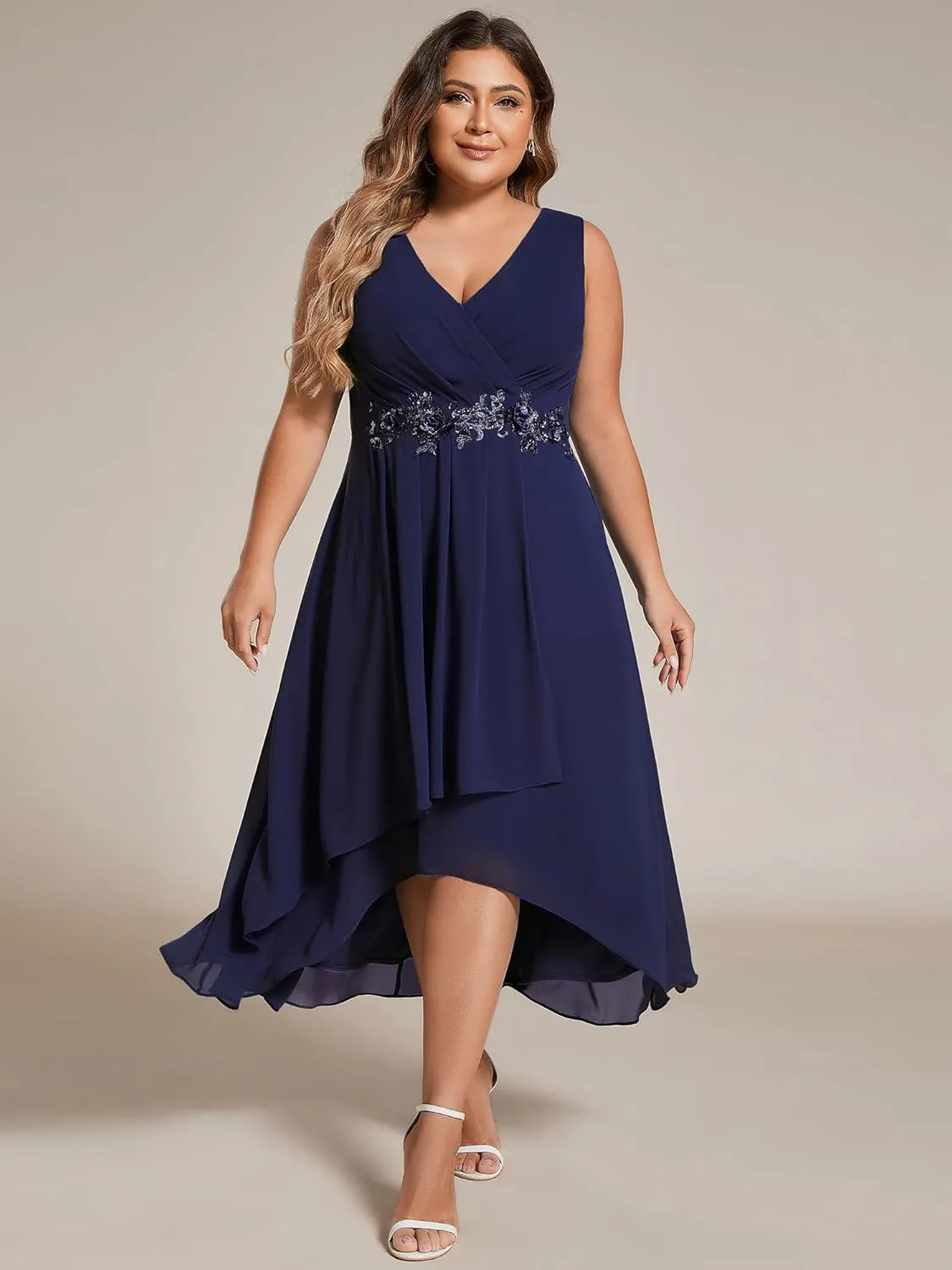 Ever-Pretty Women's Summer Chiffon Sleeveless V Neck Applique Plus Size High Low Formal Wedding Guest Dresses 41926-DA