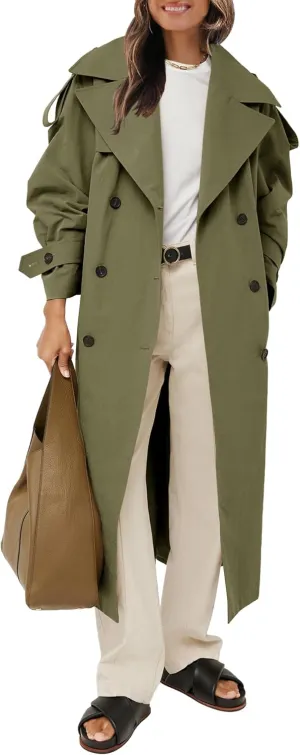 Farktop Womens Oversized Long Trench Coat Double Breasted Lapel Windproof Overcoat with Belt