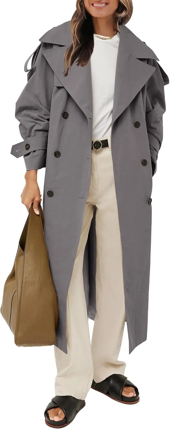 Farktop Womens Oversized Long Trench Coat Double Breasted Lapel Windproof Overcoat with Belt