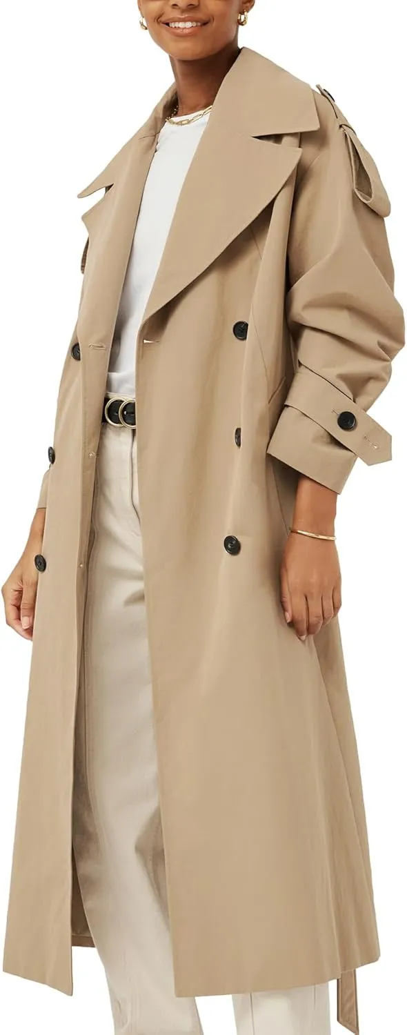 Farktop Womens Oversized Long Trench Coat Double Breasted Lapel Windproof Overcoat with Belt