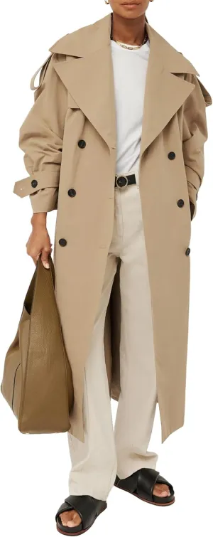 Farktop Womens Oversized Long Trench Coat Double Breasted Lapel Windproof Overcoat with Belt