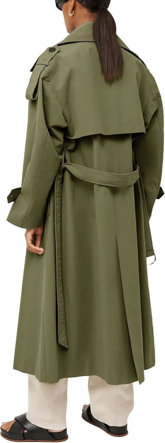 Farktop Womens Oversized Long Trench Coat Double Breasted Lapel Windproof Overcoat with Belt