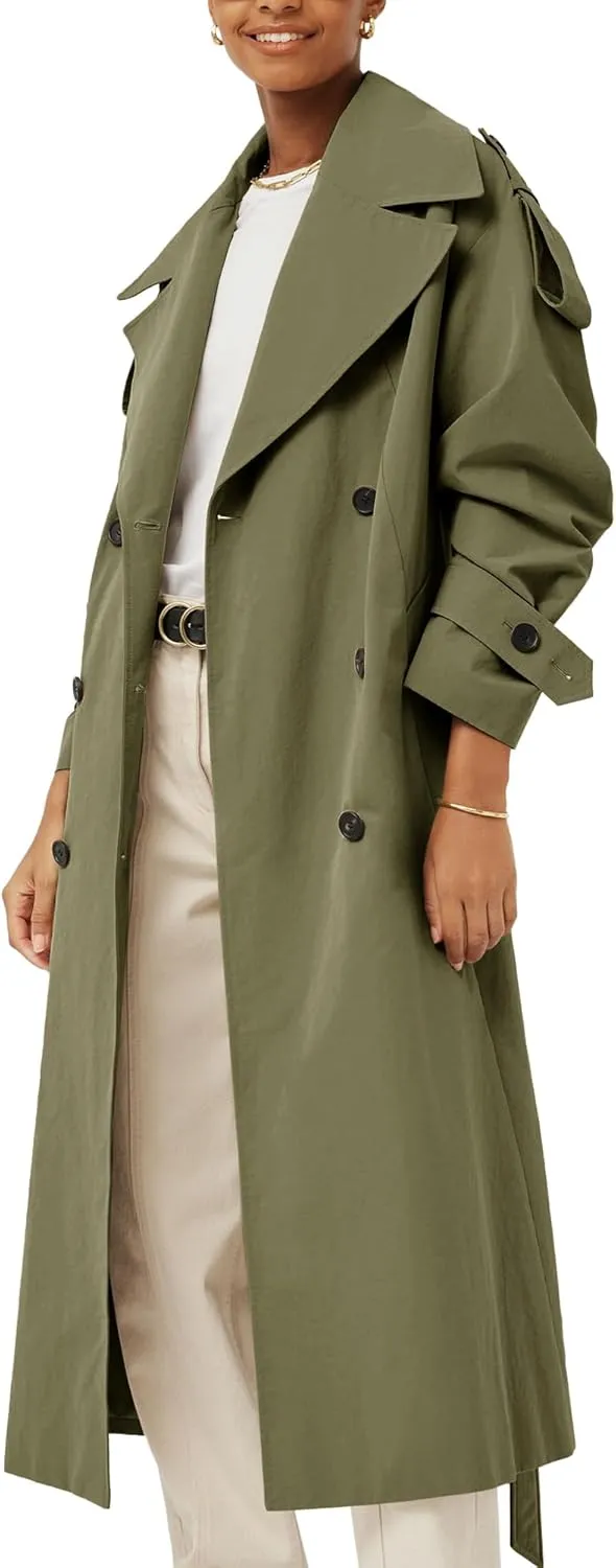 Farktop Womens Oversized Long Trench Coat Double Breasted Lapel Windproof Overcoat with Belt