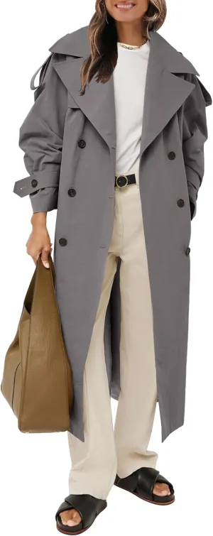 Farktop Womens Oversized Long Trench Coat Double Breasted Lapel Windproof Overcoat with Belt