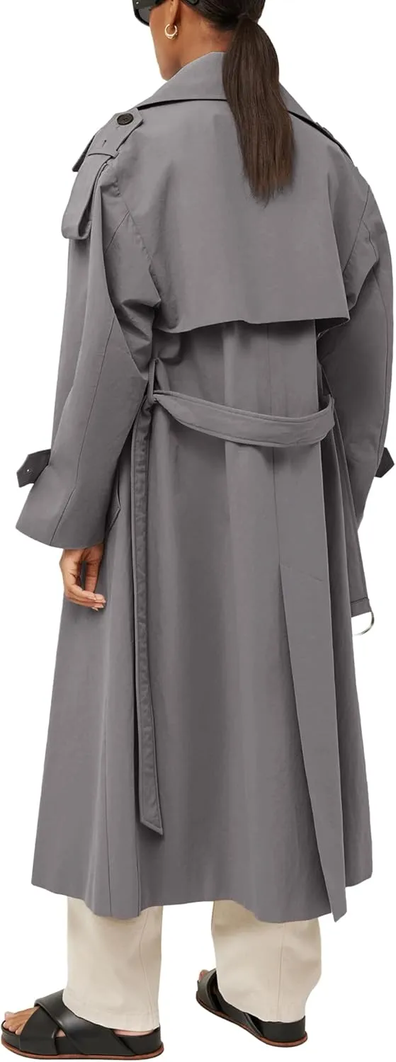 Farktop Womens Oversized Long Trench Coat Double Breasted Lapel Windproof Overcoat with Belt