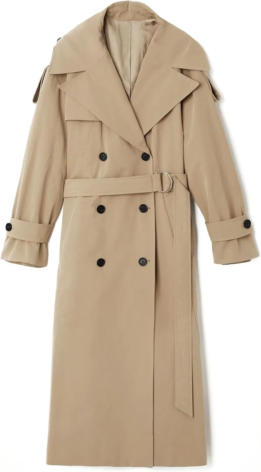 Farktop Womens Oversized Long Trench Coat Double Breasted Lapel Windproof Overcoat with Belt