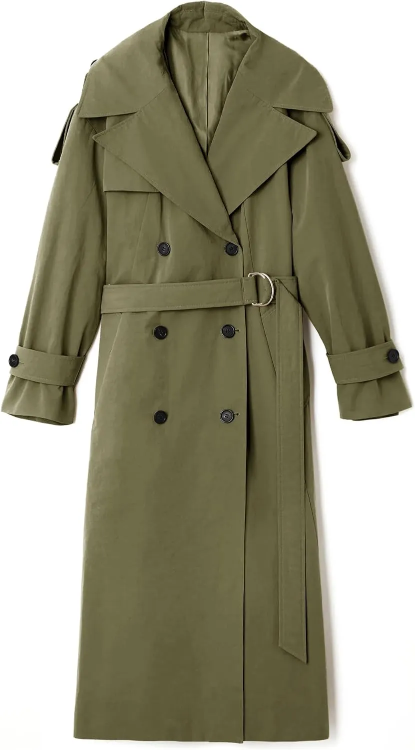Farktop Womens Oversized Long Trench Coat Double Breasted Lapel Windproof Overcoat with Belt