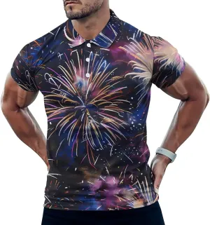 Fireworks Lighting Up The Night Mens Polo Shirts Quick Dry Short Sleeve T-shirts Slim Tennis Collared Tees Tops