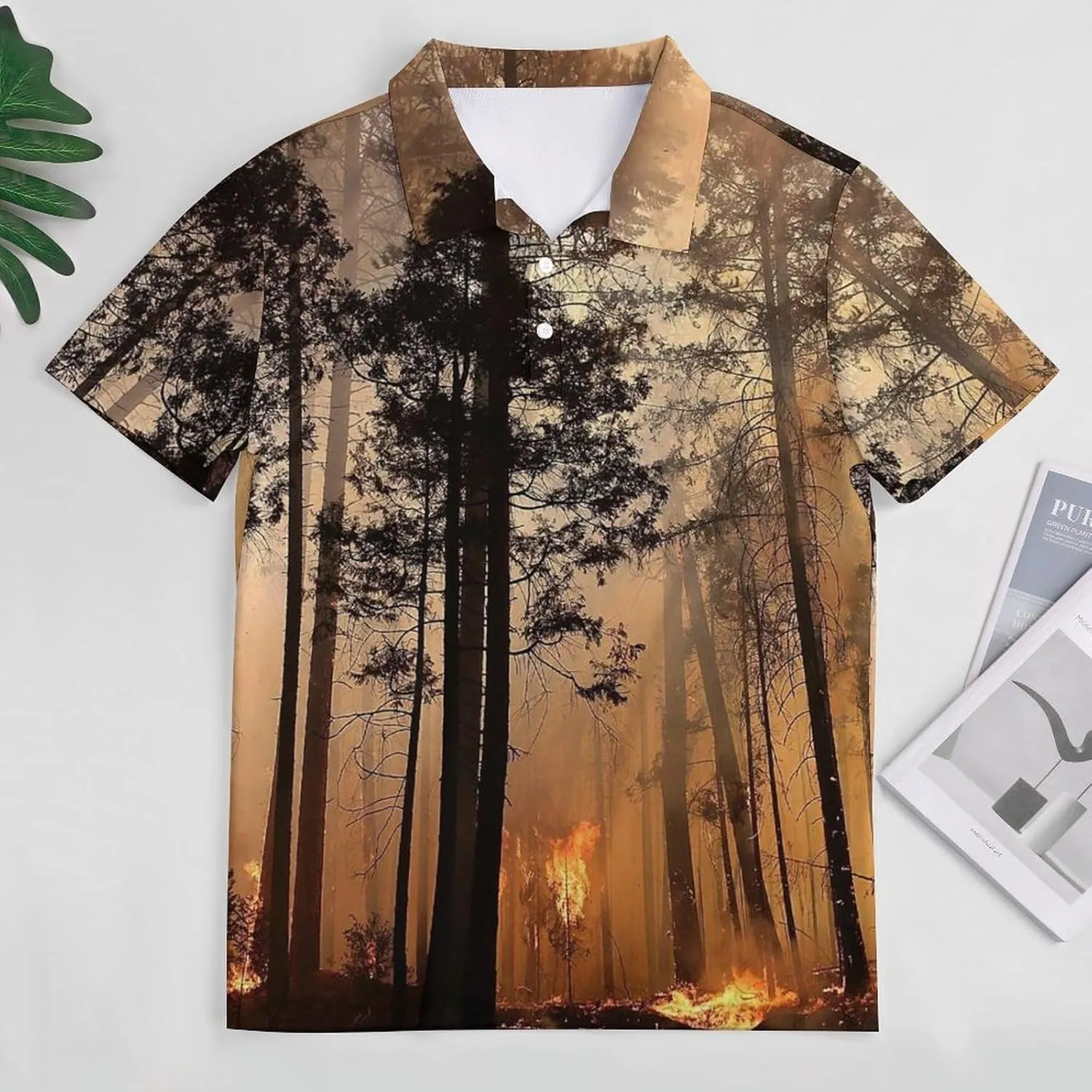 Forest Fire Pattern Mens Polo Shirts Quick Dry Short Sleeve T-shirts Slim Tennis Collared Tees Tops