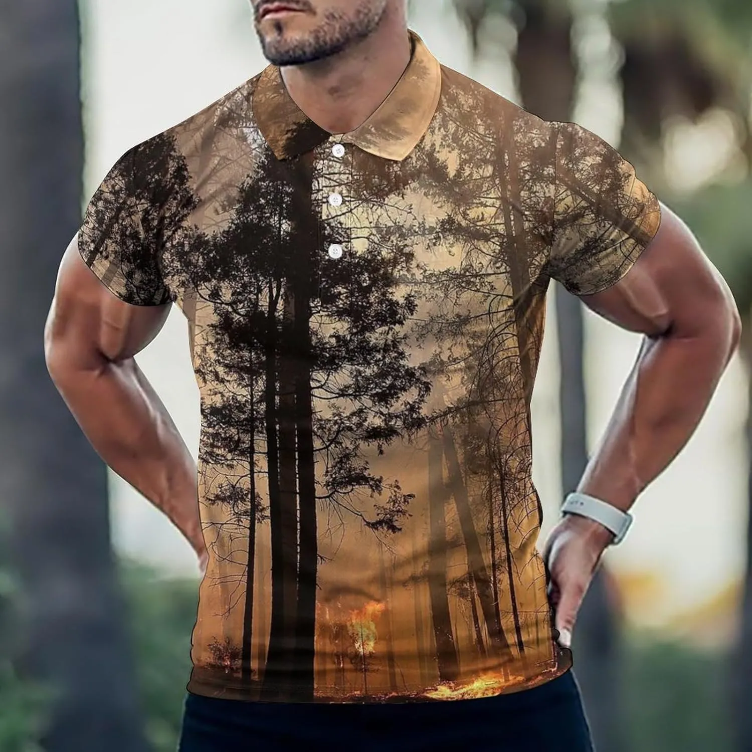 Forest Fire Pattern Mens Polo Shirts Quick Dry Short Sleeve T-shirts Slim Tennis Collared Tees Tops