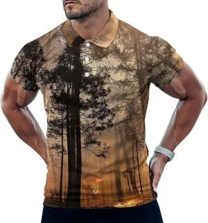 Forest Fire Pattern Mens Polo Shirts Quick Dry Short Sleeve T-shirts Slim Tennis Collared Tees Tops