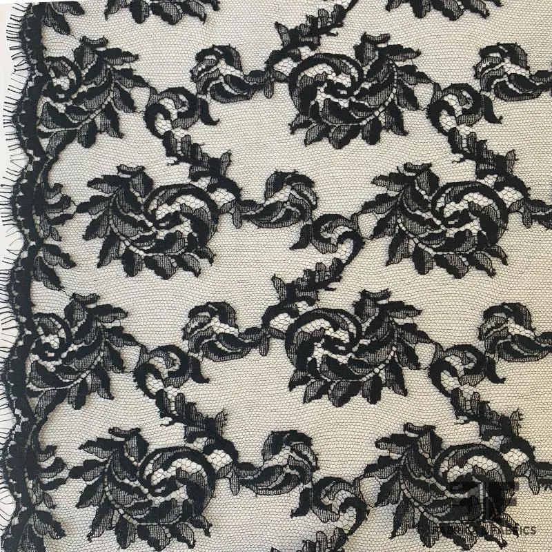French Scalloped Floral Swirl Chantilly Lace - Black