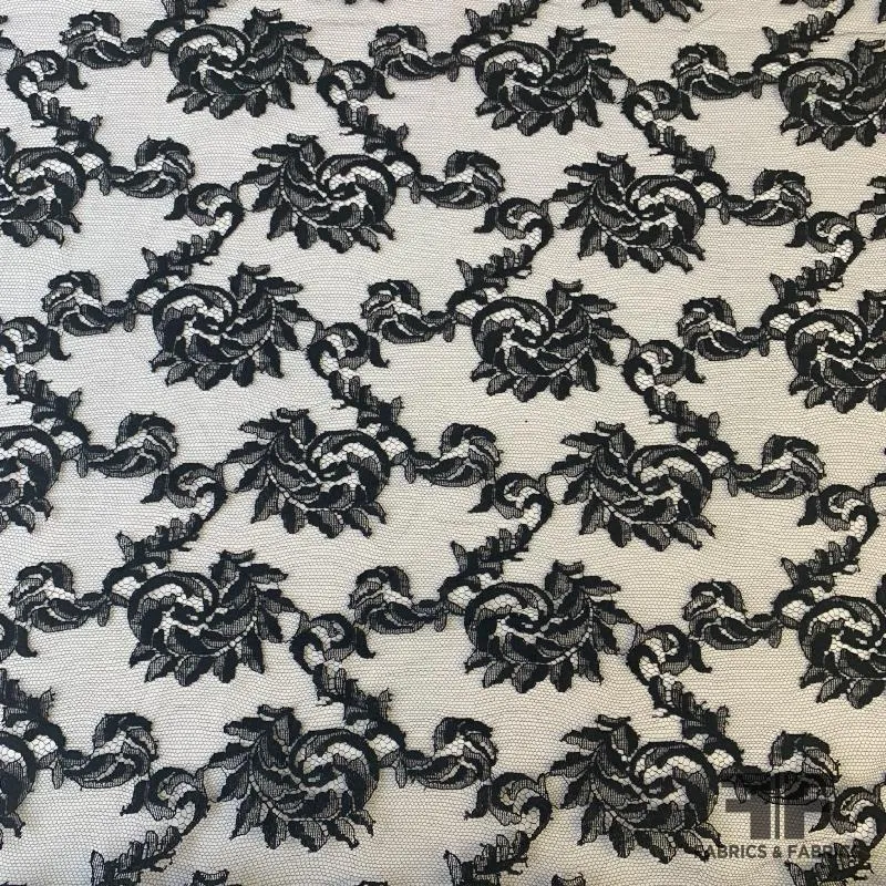 French Scalloped Floral Swirl Chantilly Lace - Black