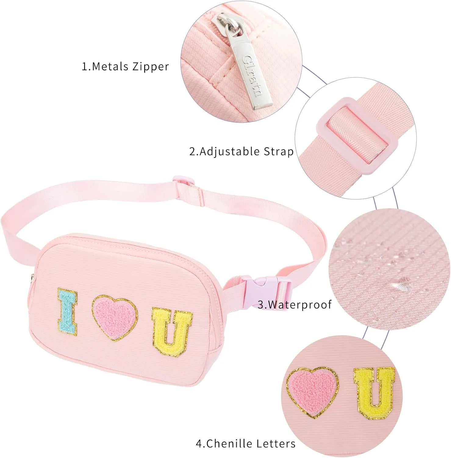 Gifts for Girls 3 4 5 6 7 8 9 10 11 12 Year Old Teens Kids Daughter Sister Gifts for Women Letter Patch Fanny Pack Belt Bag Cute Stuff for Girls Women Teen Trendy Crossbody Bags (Pink)