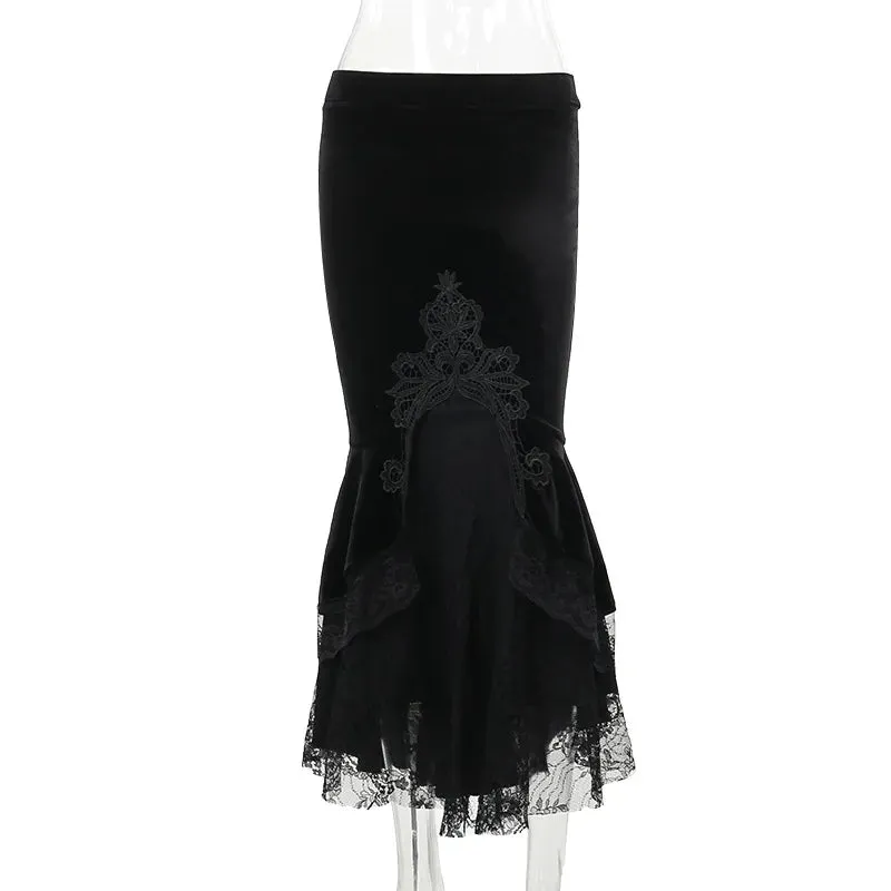 Goth Dark Vintage Mall Gothic Mermaid Grunge Aesthetic Lace Hem Midi Women Elegant Skirt