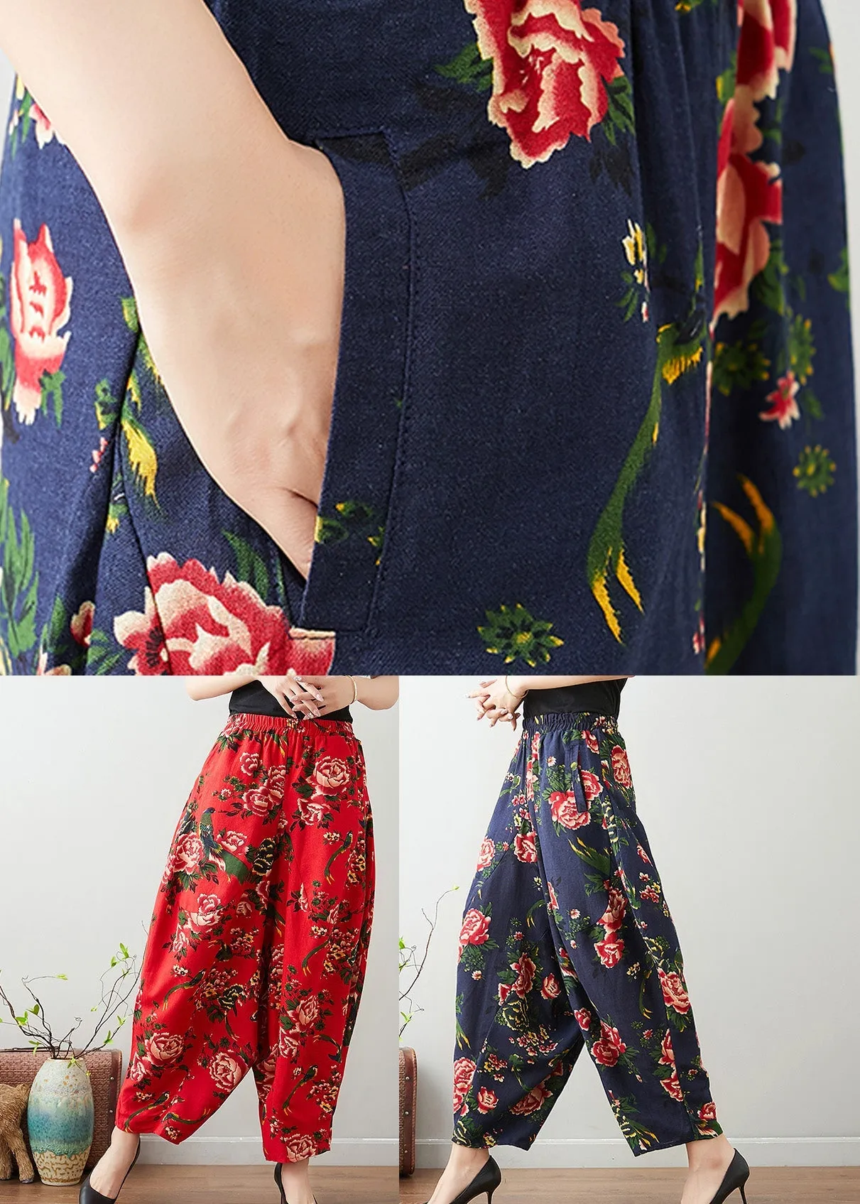 Handmade Red Print Cozy Waist Wide Pants