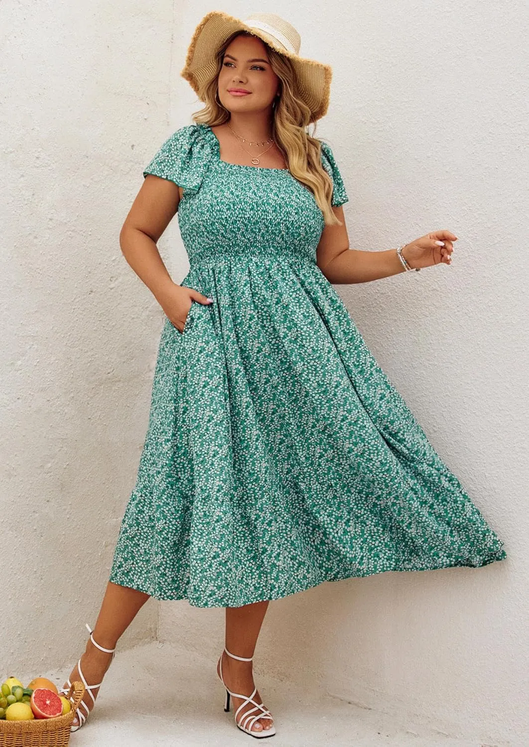 Hanna Nikole Women's Plus Size Summer Maxi Dress Short Sleeve Smocked Square Neck Casual Floral Flowy Dresses with Pockets